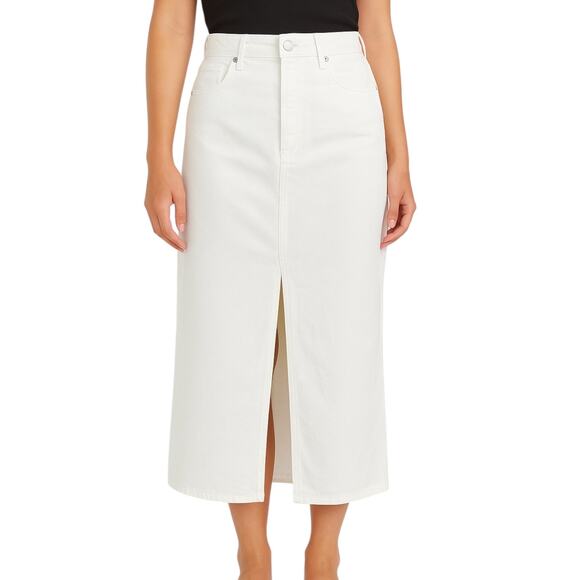 MNG Mango White High Waist Front Slit Midi Denim Straight Pencil Skirt Size L - Picture 1 of 5